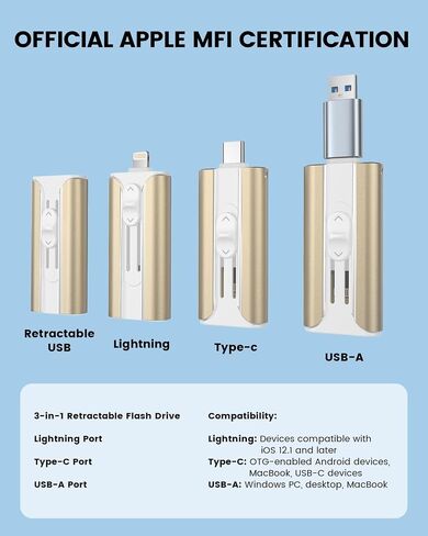MFI Certified 512GB Flash Drive – Photo Stick and USB Stick Offers Photo/Video Storage, The External Storage is Compatible with iOS, Android, and Pc,1 Pack (Gold)(Available Space: ~484GB) in Saudi Arabia