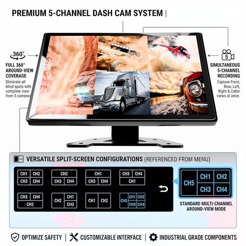 1080P 5CH Backup Camera, 10.1" HD Monitor Rear View Camera, Dashcam System with 5Pcs AHD Night Vision Wide Angle Waterproof Camera, 5 Split Clear Parking Assist System Avoid Blind for RV Trailer in Kuwait