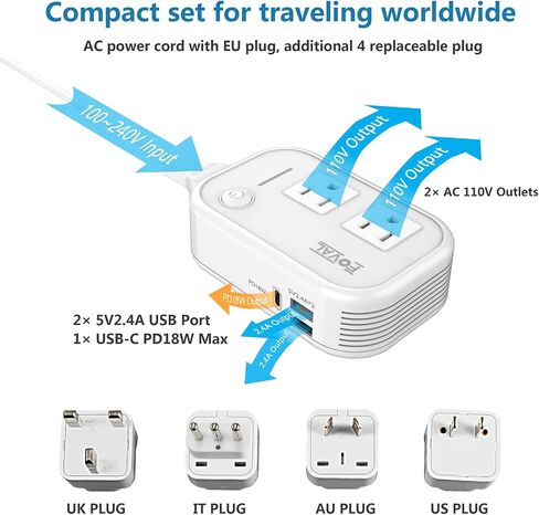 220V to 110V Converter Travel Adapter, FOVAL International Step Down Power Converter for Hair Straightener/Curler with 18W USB-C Port Voltage Converter US to Europe Italy UK AU China Plug (White) in Kuwait