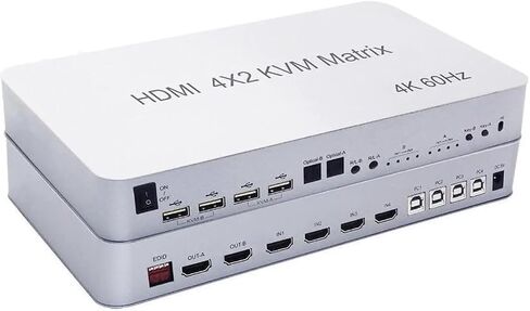 4x2 HDMI KVM Switch Matrix 4K@60Hz, 4 in 2 Out Dual Monitor Extended Display, USB 2.0, Optical + 3.5mm Audio, LPCM Dolby DTS, IR Remote + Hotkey, for 4 PC 2 Monitor in Kuwait