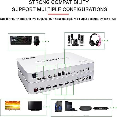 4x2 HDMI KVM Switch Matrix 4K@60Hz, 4 in 2 Out Dual Monitor Extended Display, USB 2.0, Optical + 3.5mm Audio, LPCM Dolby DTS, IR Remote + Hotkey, for 4 PC 2 Monitor in Kuwait