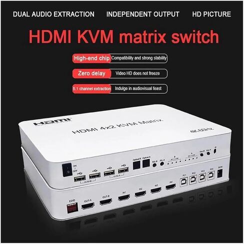 4x2 HDMI KVM Switch Matrix 4K@60Hz, 4 in 2 Out Dual Monitor Extended Display, USB 2.0, Optical + 3.5mm Audio, LPCM Dolby DTS, IR Remote + Hotkey, for 4 PC 2 Monitor in Kuwait