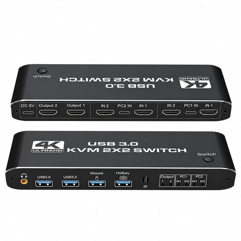 4K@60Hz KVM Switch 2 Monitors 2 Computers, HDMI 2.0 Dual Monitor KVM Switch, USB 3.0, USB-C, L/R Audio, 1080P@144Hz, HDCP 2.2, for PC Laptop PS4 Xbox, Keyboard Mouse Sharing in Kuwait
