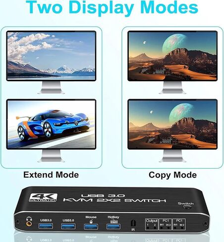 4K@60Hz KVM Switch 2 Monitors 2 Computers, HDMI 2.0 Dual Monitor KVM Switch, USB 3.0, USB-C, L/R Audio, 1080P@144Hz, HDCP 2.2, for PC Laptop PS4 Xbox, Keyboard Mouse Sharing in Kuwait