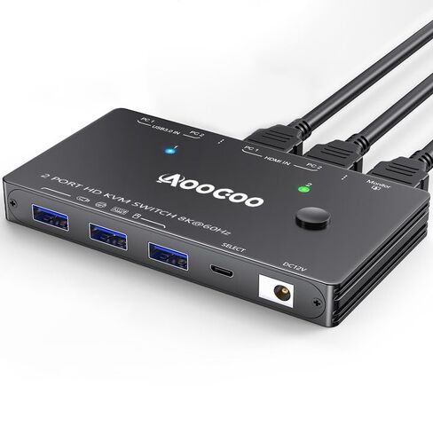 HDMI KVM Switch 2 Computers 1 Monitor 8K@60Hz/4K@120Hz, KVM Switches for 2 PC Share 1 Monitor and USB3.0 Devices, with USB Cables,Controller and Power Adapter in Kuwait