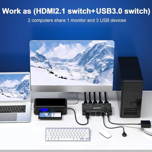 HDMI KVM Switch 2 Computers 1 Monitor 8K@60Hz/4K@120Hz, KVM Switches for 2 PC Share 1 Monitor and USB3.0 Devices, with USB Cables,Controller and Power Adapter in Kuwait
