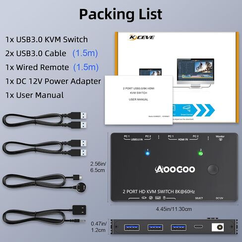 HDMI KVM Switch 2 Computers 1 Monitor 8K@60Hz/4K@120Hz, KVM Switches for 2 PC Share 1 Monitor and USB3.0 Devices, with USB Cables,Controller and Power Adapter in Kuwait