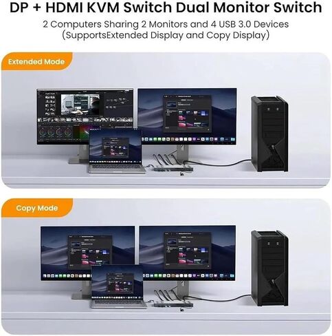 8K@60Hz Dual Monitor KVM Switch 2 Computers 2 Monitors, HDMI 2.1 & DisplayPort 1.4, 4K@120Hz, 4 USB 3.0 Ports, Extended/Copy Mode, IR Remote, Plug & Play in Kuwait