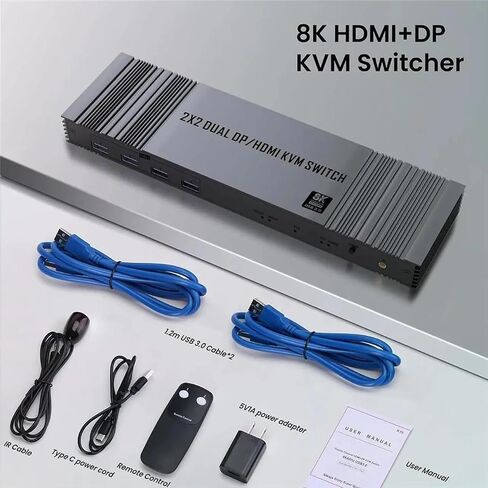 8K@60Hz Dual Monitor KVM Switch 2 Computers 2 Monitors, HDMI 2.1 & DisplayPort 1.4, 4K@120Hz, 4 USB 3.0 Ports, Extended/Copy Mode, IR Remote, Plug & Play in Kuwait