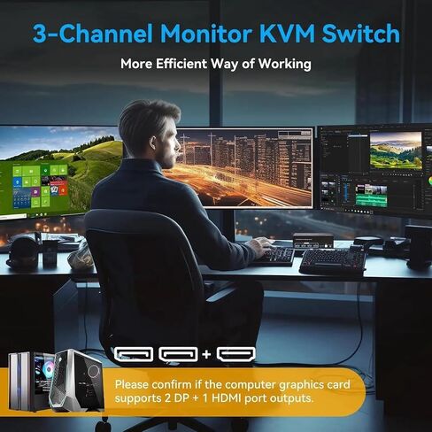 KVM Switch 3 Monitors 2 Computers, HDMI 2.1 + 2X DisplayPort 1.4, 8K@60Hz 4K@120Hz, 4 USB 3.0 Ports, Extended/Copy Mode, Share Keyboard Mouse Printer, Triple Monitor KVM in Kuwait