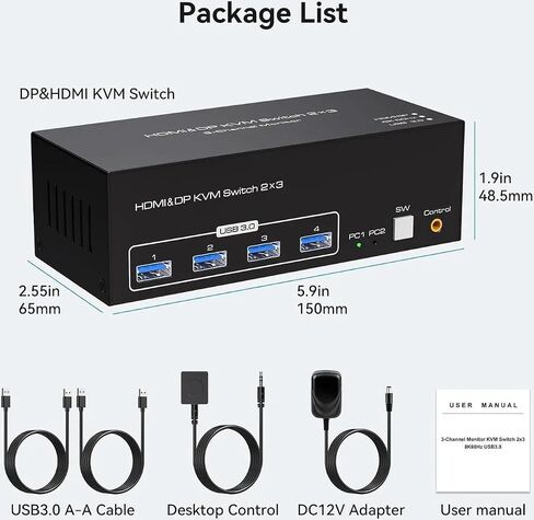 KVM Switch 3 Monitors 2 Computers, HDMI 2.1 + 2X DisplayPort 1.4, 8K@60Hz 4K@120Hz, 4 USB 3.0 Ports, Extended/Copy Mode, Share Keyboard Mouse Printer, Triple Monitor KVM in Kuwait
