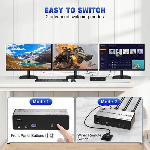 KVM Switch 3 Monitors 2 Computers 8K@60Hz, HDMI + 2 DisplayPort Triple Monitor KVM, 3 USB 3.0, Audio Mic, Wired Remote, for 2 PC Share Keyboard Mouse 3 Screens in Kuwait