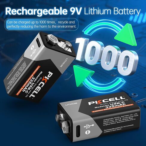 PKCELL Rechargeable 9V Batteries USB-C, 335mAh 9V Lithium Battery 4 Pack in Kuwait