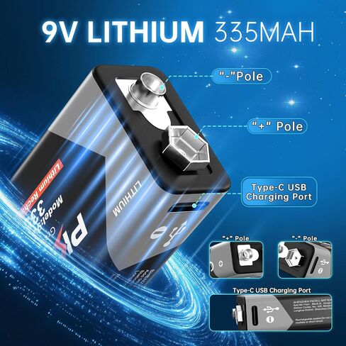 PKCELL Rechargeable 9V Batteries USB-C, 335mAh 9V Lithium Battery 4 Pack in Kuwait