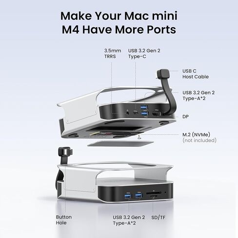 VENTION for Mac mini M4 Dock, 10 in 1 Aluminum Stand for M4/M4 Pro with M.2 NVMe SSD Enclosure, 4K@240HZ/144HZ USB A 3.2, 10Gbps Transfer, USB C Extender, SD/TF Reader, Silver in Saudi Arabia