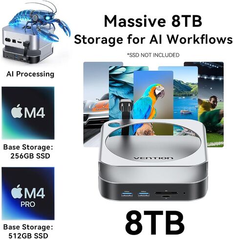 VENTION for Mac mini M4 Dock, 10 in 1 Aluminum Stand for M4/M4 Pro with M.2 NVMe SSD Enclosure, 4K@240HZ/144HZ USB A 3.2, 10Gbps Transfer, USB C Extender, SD/TF Reader, Silver in Saudi Arabia