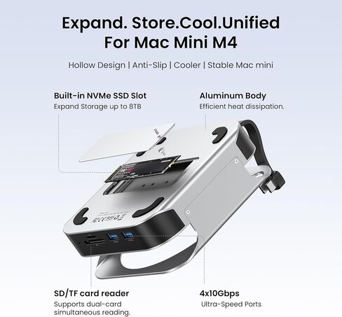 VENTION for Mac mini M4 Dock, 10 in 1 Aluminum Stand for M4/M4 Pro with M.2 NVMe SSD Enclosure, 4K@240HZ/144HZ USB A 3.2, 10Gbps Transfer, USB C Extender, SD/TF Reader, Silver in Saudi Arabia