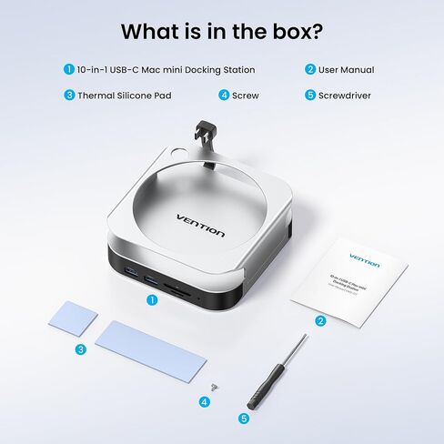 VENTION for Mac mini M4 Dock, 10 in 1 Aluminum Stand for M4/M4 Pro with M.2 NVMe SSD Enclosure, 4K@240HZ/144HZ USB A 3.2, 10Gbps Transfer, USB C Extender, SD/TF Reader, Silver in Saudi Arabia