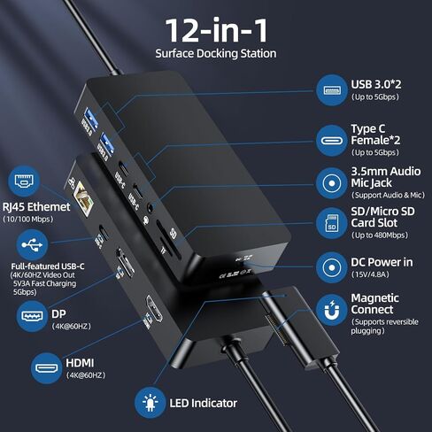 2026 New Surface Docking Station: HDMI+DP+USB C Triple/Dual Monitor Docking Station for Surface Pro 11/10/9/8/X/7/6/5/4/3, Surface Laptop 7/6/5/4/3/2/1, Surface Laptop Go, Surface Go 4/3/2/1 in Kuwait