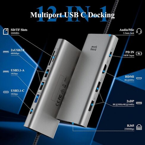 USB C Docking Station Dual Monitor Adapter for Dell HP, Laptop Docking Station 3 Monitors Quad Display USB C Hub Dongle to 4K HDMI+DP,2 USB2.0,100W PD,2.5G Ethernet,12 in 1Dock for Lenovo,Surface in Kuwait