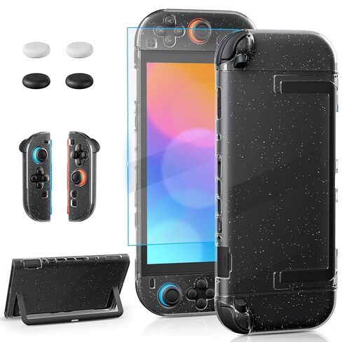 FUNDIARY Glitter Clear Protective Case Compatible with Switch 2, Shockproof Accessories with Hard PC Cover Skin Case, Screen Protector and 4 Thumb Cap in Saudi Arabia