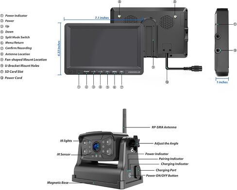 ZEROXCLUB Magnetic Wireless RV Backup Camera System: Rear Camera with 7" HD 1080P DVR Monitor, DVR Monitor & IR Night Vision, Portable Rechargeable Camera for RV/Trailer/Fifth Wheels/Camper in Kuwait