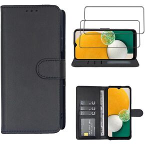 Compatible with for Galaxy A13 Wallet Case [2 Pack] Tempered Glass Screen Protector, Leather Flip Credit Card Holder Stand Phone Cover， for Samsung Galaxy A13 Case Black in Kuwait