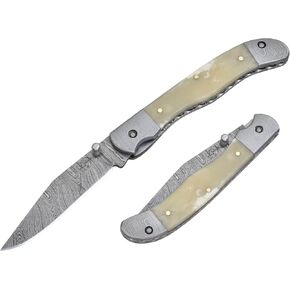 Knives Ranch Handmade Pocket Knife 4-1/2" (Closed) - Damascus Steel Blade - Liner Lock - Natural Cattle Bone Handle with Cowhide Pouch (5129-B) in Saudi Arabia