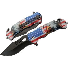 SZCO 4.75" USA Eagle Folding Pocket Knife – Patriotic EDC Folding Knife with 3.5" Black Blade, American Flag ABS Handle, Belt Clip, Glass Breaker & Seat Belt Cutter for Outdoor Use in Saudi Arabia