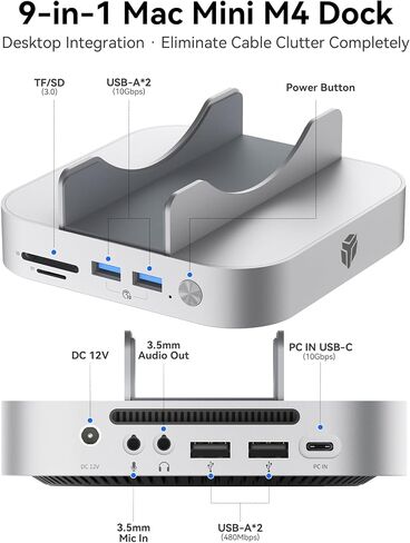 Yottamaster 9 in 1 Mac mini M4 Dock 10Gbps with 8TB NVMe SATA SSD Enclosure, Aluminum Mac mini M4 Stand and Hub, Built in Cool Fan, USB-A*2/USB-C 10Gbps, USB-A 2.0 * 2, 3.5mm Audio*2, TF/SD in Kuwait