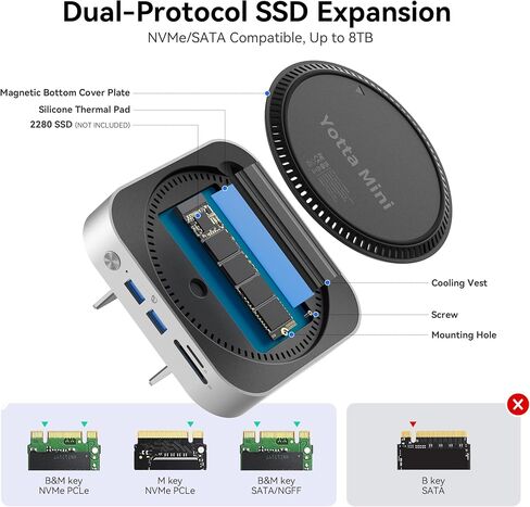 Yottamaster 9 in 1 Mac mini M4 Dock 10Gbps with 8TB NVMe SATA SSD Enclosure, Aluminum Mac mini M4 Stand and Hub, Built in Cool Fan, USB-A*2/USB-C 10Gbps, USB-A 2.0 * 2, 3.5mm Audio*2, TF/SD in Kuwait