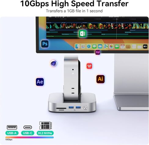 Yottamaster 9 in 1 Mac mini M4 Dock 10Gbps with 8TB NVMe SATA SSD Enclosure, Aluminum Mac mini M4 Stand and Hub, Built in Cool Fan, USB-A*2/USB-C 10Gbps, USB-A 2.0 * 2, 3.5mm Audio*2, TF/SD in Kuwait
