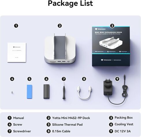 Yottamaster 9 in 1 Mac mini M4 Dock 10Gbps with 8TB NVMe SATA SSD Enclosure, Aluminum Mac mini M4 Stand and Hub, Built in Cool Fan, USB-A*2/USB-C 10Gbps, USB-A 2.0 * 2, 3.5mm Audio*2, TF/SD in Kuwait