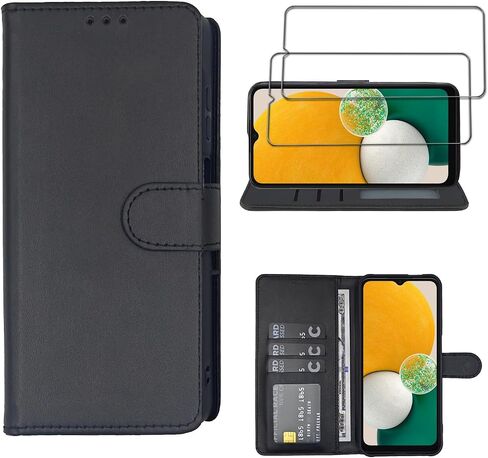 Compatible with for Galaxy A13 Wallet Case [2 Pack] Tempered Glass Screen Protector, Leather Flip Credit Card Holder Stand Phone Cover， for Samsung Galaxy A13 Case Black in Kuwait