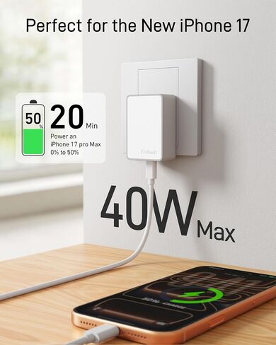 Nekmit Flat USB C Wall Charger Block, 40W Slim USB C Wall Plug Power Adapter, One Port PPS Fast USB Charger for iPhone 17/16 and More Series, MacBook Air, iPad(Non-Foldable Plug) in Saudi Arabia