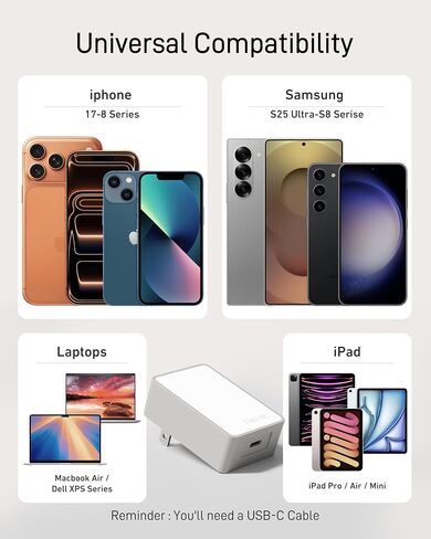 Nekmit Flat USB C Wall Charger Block, 40W Slim USB C Wall Plug Power Adapter, One Port PPS Fast USB Charger for iPhone 17/16 and More Series, MacBook Air, iPad(Non-Foldable Plug) in Saudi Arabia
