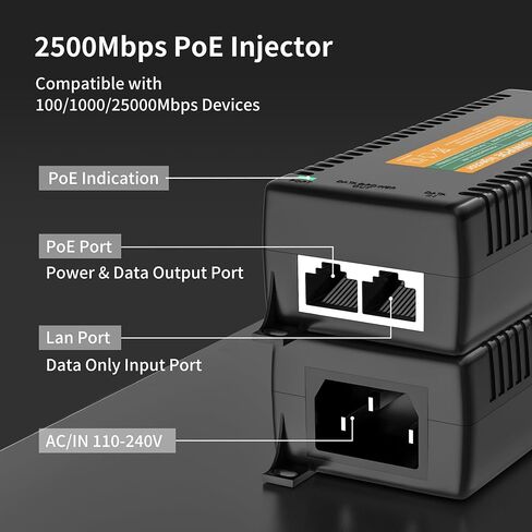2.5Gb PoE Injector Adapter 60W, IEEE 802.3bt/at/af Compliant, Converts Non-PoE to PoE Network, 100/1000/2500Mbps RJ45, Up to 328 ft, Plug & Play in Saudi Arabia