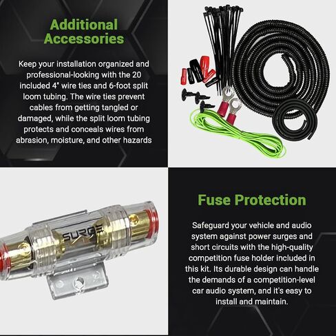 Surge 8-Gauge Car Amplifier Wiring Kit – 20ft Green Power Cable, 20ft RCA Interconnect, 30ft Speaker Wire, Mini-AGU Fuse Holder, Split Loom & Accessories – Car Audio Amp Install Kit in Saudi Arabia