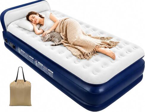 KMZ QueenAir Mattress with Headboard & Built-in Pump, 16" Raised Inflatable Mattress for Guests & Home, Portable Blow Up Bed with Fast Inflation, Comfortable Air Bed for Indoor Use in Saudi Arabia