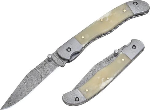 Knives Ranch Handmade Pocket Knife 4-1/2" (Closed) - Damascus Steel Blade - Liner Lock - Natural Cattle Bone Handle with Cowhide Pouch (5129-B) in Saudi Arabia