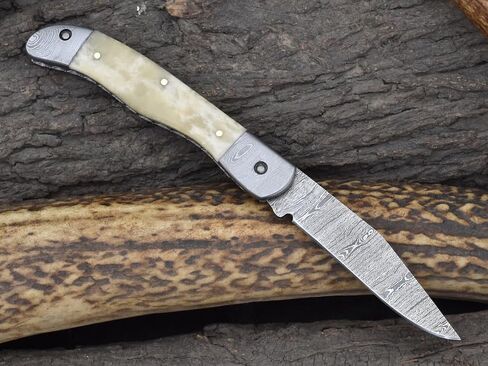 Knives Ranch Handmade Pocket Knife 4-1/2" (Closed) - Damascus Steel Blade - Liner Lock - Natural Cattle Bone Handle with Cowhide Pouch (5129-B) in Saudi Arabia