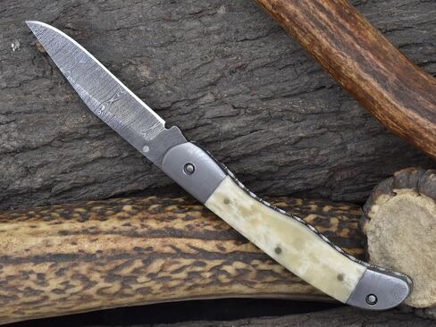 Knives Ranch Handmade Pocket Knife 4-1/2" (Closed) - Damascus Steel Blade - Liner Lock - Natural Cattle Bone Handle with Cowhide Pouch (5129-B) in Saudi Arabia