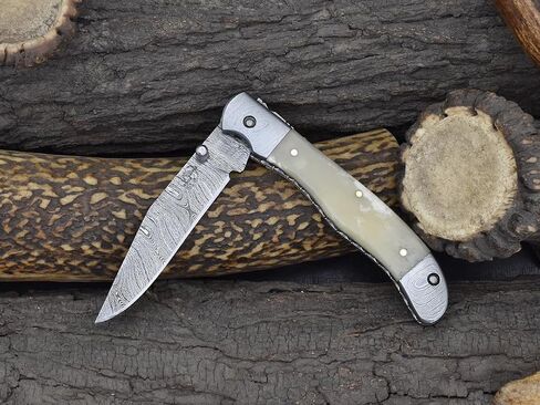 Knives Ranch Handmade Pocket Knife 4-1/2" (Closed) - Damascus Steel Blade - Liner Lock - Natural Cattle Bone Handle with Cowhide Pouch (5129-B) in Saudi Arabia