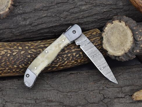 Knives Ranch Handmade Pocket Knife 4-1/2" (Closed) - Damascus Steel Blade - Liner Lock - Natural Cattle Bone Handle with Cowhide Pouch (5129-B) in Saudi Arabia