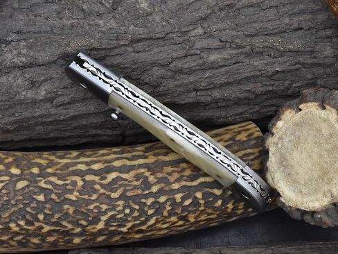 Knives Ranch Handmade Pocket Knife 4-1/2" (Closed) - Damascus Steel Blade - Liner Lock - Natural Cattle Bone Handle with Cowhide Pouch (5129-B) in Saudi Arabia