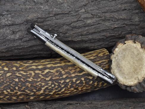 Knives Ranch Handmade Pocket Knife 4-1/2" (Closed) - Damascus Steel Blade - Liner Lock - Natural Cattle Bone Handle with Cowhide Pouch (5129-B) in Saudi Arabia