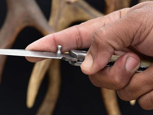 Knives Ranch Handmade Pocket Knife 4-1/2" (Closed) - Damascus Steel Blade - Liner Lock - Natural Cattle Bone Handle with Cowhide Pouch (5129-B) in Saudi Arabia