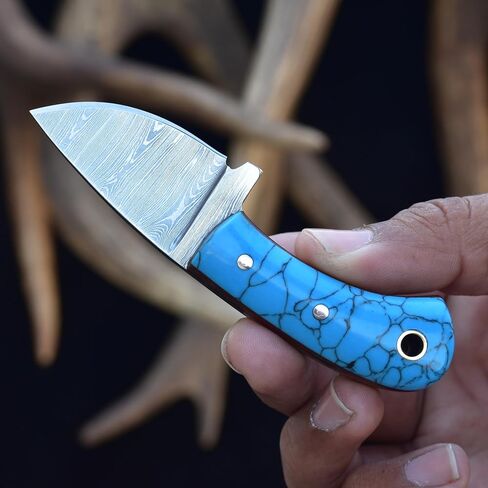 Knives Ranch Small Neck Knife Mini Pocket Knife Fixed Blade Damascus Steel Knife with Sheath, Full Tang EDC Knife, Faux Turquoise Handle, Lightweight Survival Camping Knife (3054-TR) in Saudi Arabia