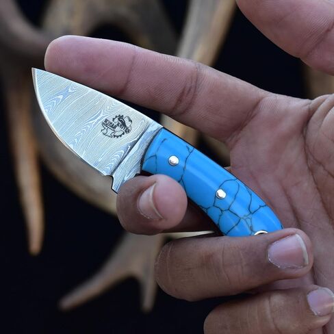 Knives Ranch Small Neck Knife Mini Pocket Knife Fixed Blade Damascus Steel Knife with Sheath, Full Tang EDC Knife, Faux Turquoise Handle, Lightweight Survival Camping Knife (3054-TR) in Saudi Arabia