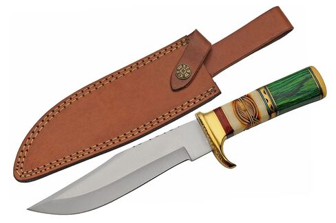 SZCO Full Tang Hunting Knife 12.25 Inch - Pocket Knife with Stainless Steel Blade, Green Wood & Bone Handle & Leather Sheath - Bowie Knife for Camping, Hunting & Outdoor Adventures for Men in Saudi Arabia